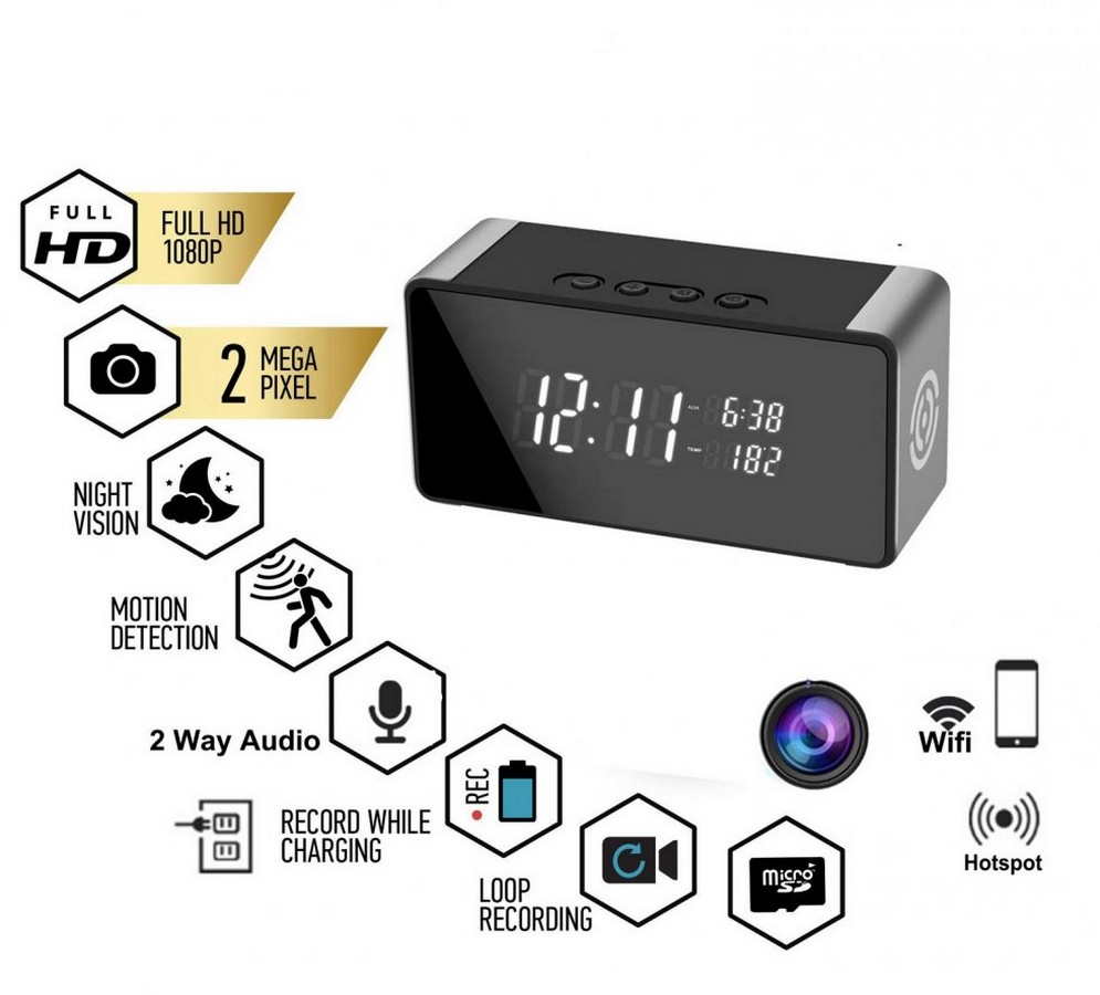 camera wifi in ceas cu alarma + difuzor bluetooth